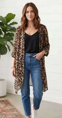 I Love Leopard Animal Print Open Front Chiffon Kimono Cardigan